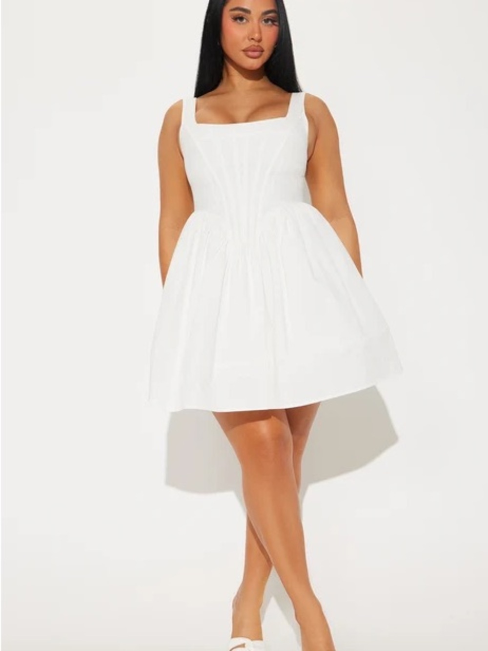 Fashion Nova White Square Neck Mini Dress with Full Skirt